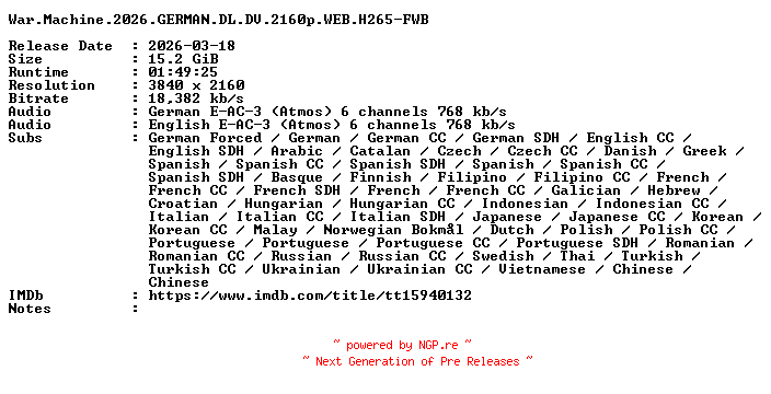 NFO for the release War.Machine.2026.GERMAN.DL.DV.2160p.WEB.H265-FWB by FWB