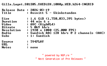 NFO for the release Gilla.Laget.S01E05.SWEDiSH.1080p.WEB.h264-INGRID by INGRID