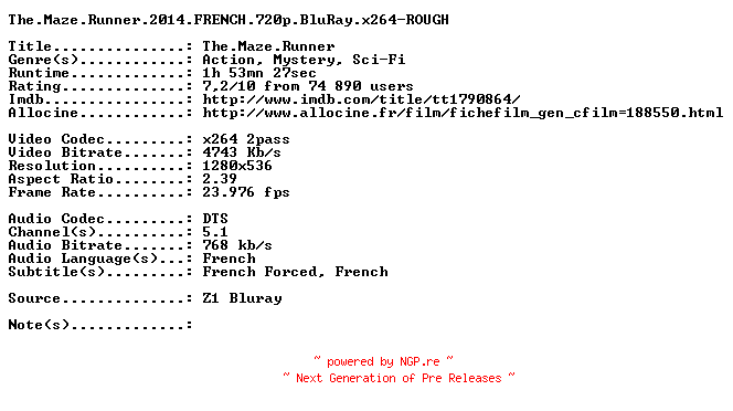 NFO for the release The.Maze.Runner.2014.FRENCH.720p.BluRay.x264-ROUGH by ROUGH