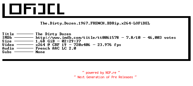NFO for the release The.Dirty.Dozen.1967.FRENCH.BDRip.x264-LOFiDEL by LOFiDEL