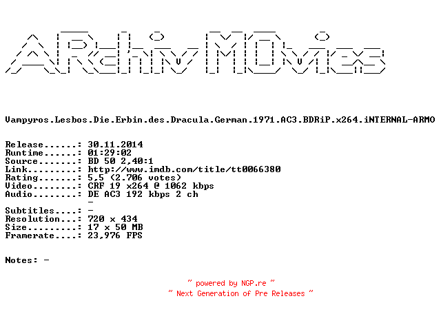 NFO for the release Vampyros.Lesbos.Die.Erbin.des.Dracula.German.1971.AC3.BDRiP.x264.iNTERNAL-ARMO by ARMO