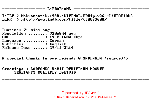 NFO for the release Nekromantik.1988.iNTERNAL.BDRip.x264-LiBRARiANS by LiBRARiANS