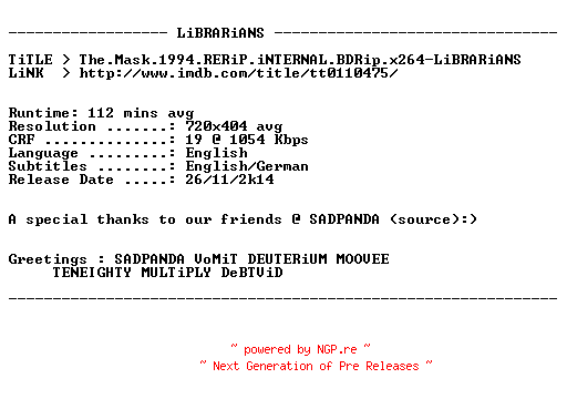 NFO for the release The.Mask.1994.RERiP.iNTERNAL.BDRip.x264-LiBRARiANS by LiBRARiANS