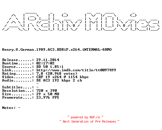NFO for the release Henry.V.German.1989.AC3.BDRiP.x264.iNTERNAL-ARMO by ARMO