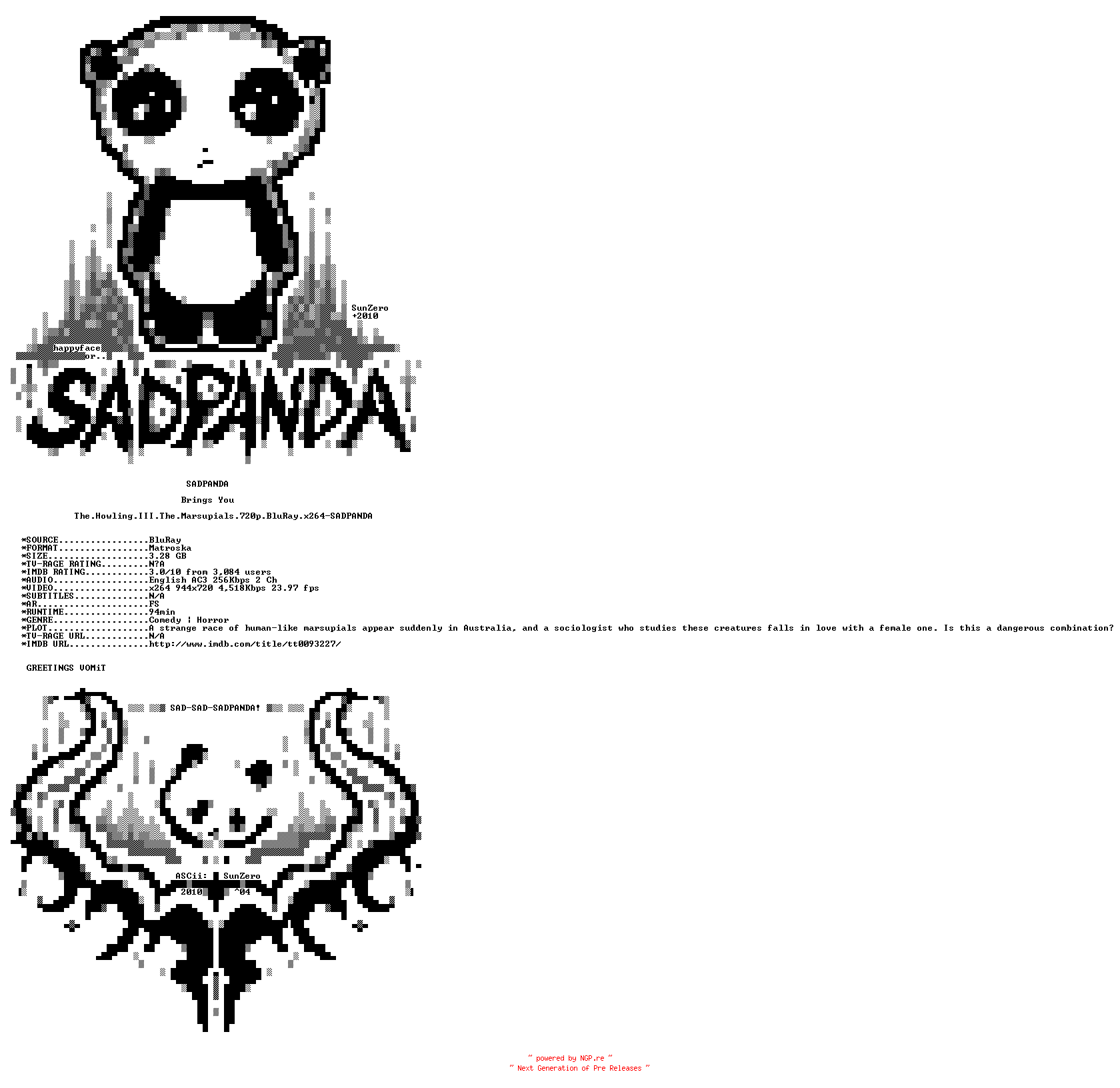 NFO for the release The.Howling.III.The.Marsupials.720p.BluRay.x264-SADPANDA by SADPANDA