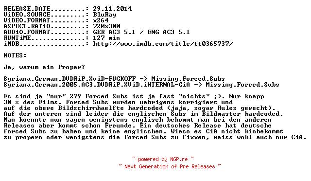 NFO for the release Syriana.German.2005.AC3.DL.BDRip.x264.PROPER.READ.NFO-SDARCHiV by SDARCHiV