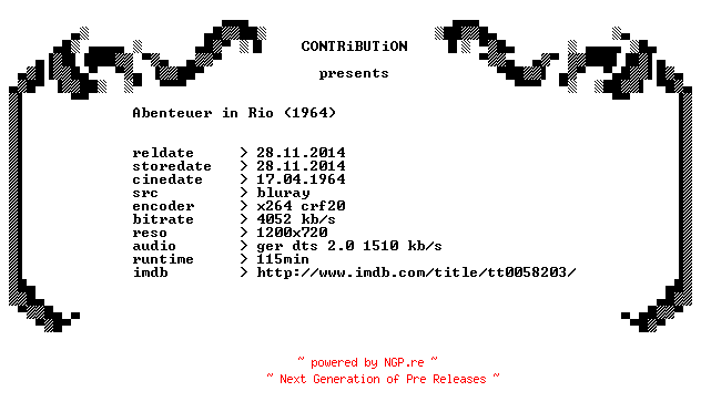 NFO for the release Abenteuer.in.Rio.1964.German.720p.BluRay.x264-CONTRiBUTiON by CONTRiBUTiON