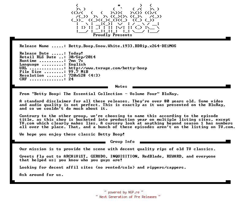 NFO for the release Betty.Boop.Snow.White.1933.BDRip.x264-DEiMOS by DEiMOS