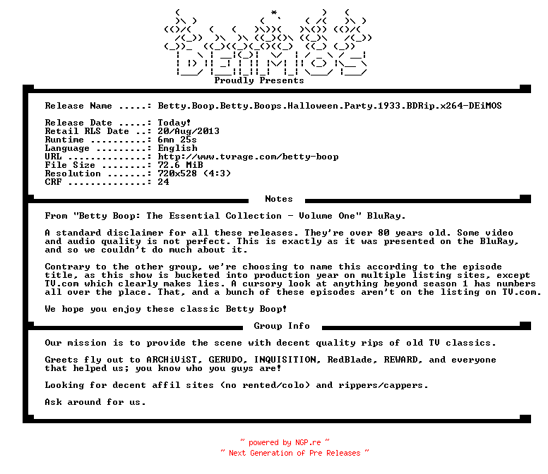 NFO for the release Betty.Boop.Betty.Boops.Halloween.Party.1933.BDRip.x264-DEiMOS by DEiMOS