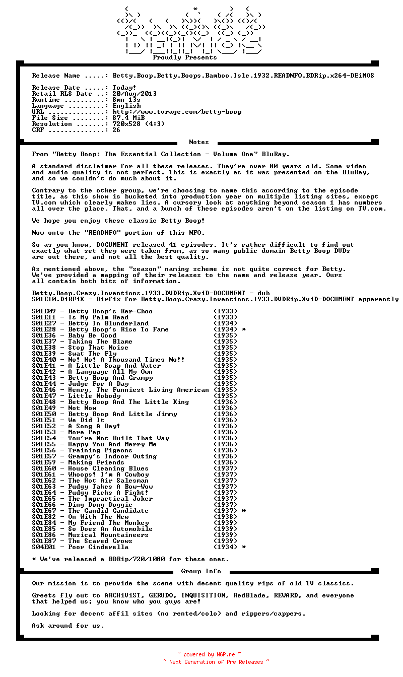 NFO for the release Betty.Boop.Betty.Boops.Bamboo.Isle.1932.READNFO.BDRip.x264-DEiMOS by DEiMOS