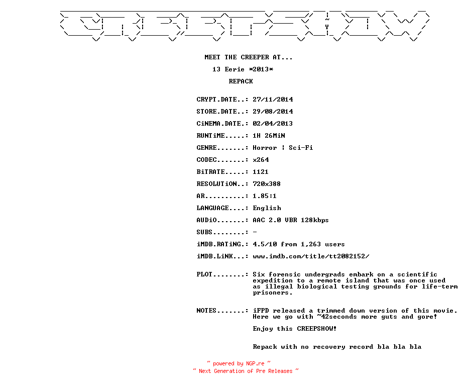 NFO for the release 13.Eerie.2013.REPACK.UNCUT.BDRiP.x264-CREEPSHOW by CREEPSHOW