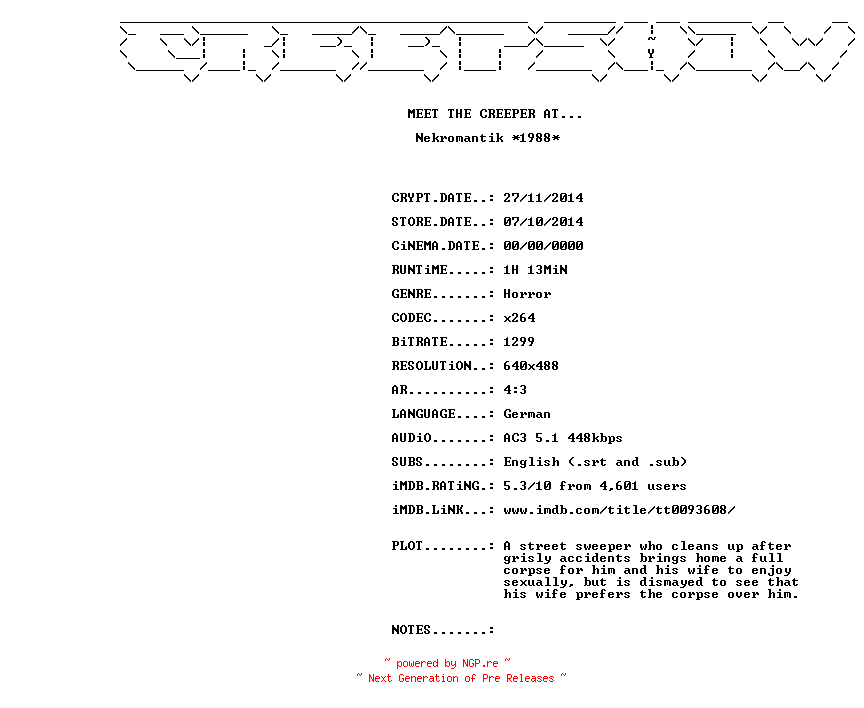 NFO for the release Nekromantik.1988.INTERNAL.BDRiP.x264-CREEPSHOWx by CREEPSHOWx
