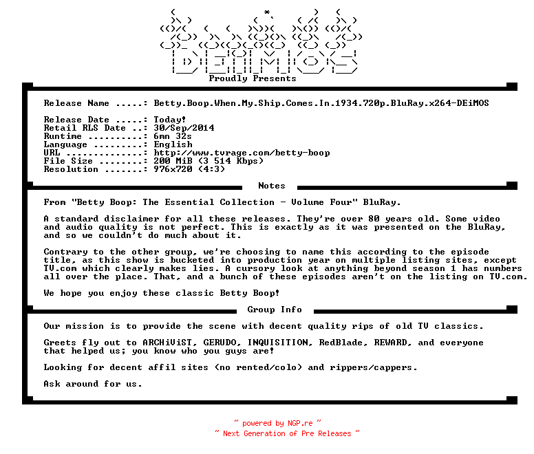 NFO for the release Betty.Boop.When.My.Ship.Comes.In.1934.720p.BluRay.x264-DEiMOS by DEiMOS