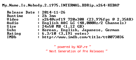 NFO for the release My.Name.Is.Nobody.2.1975.INTERNAL.BDRip.x264-KEBAP by KEBAP