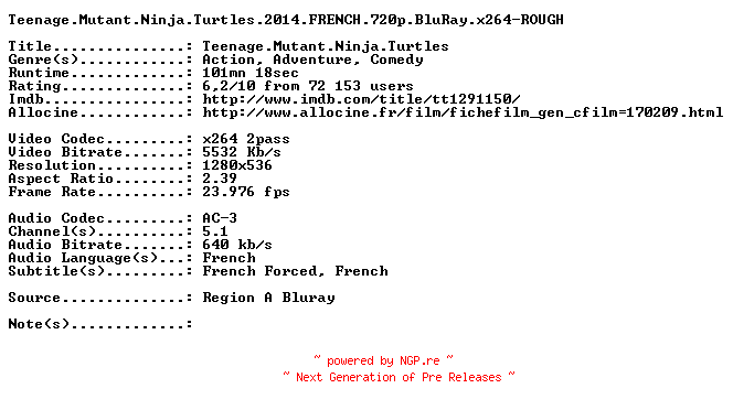 NFO for the release Teenage.Mutant.Ninja.Turtles.2014.FRENCH.720p.BluRay.x264-ROUGH by ROUGH