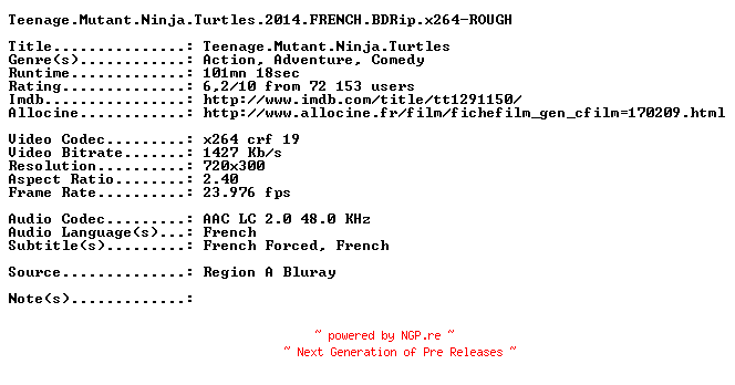 NFO for the release Teenage.Mutant.Ninja.Turtles.2014.FRENCH.BDRip.x264-ROUGH by ROUGH