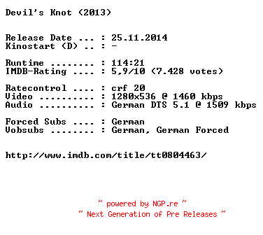 NFO for the release Devils.Knot.2013.German.720p.BluRay.x264-EXQUiSiTE by EXQUiSiTE