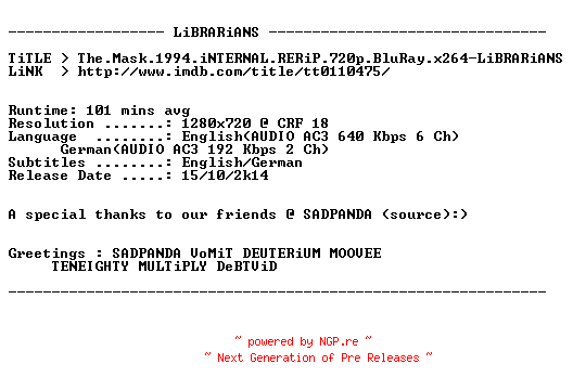 NFO for the release The.Mask.1994.iNTERNAL.RERiP.720p.BluRay.x264-LiBRARiANS by LiBRARiANS