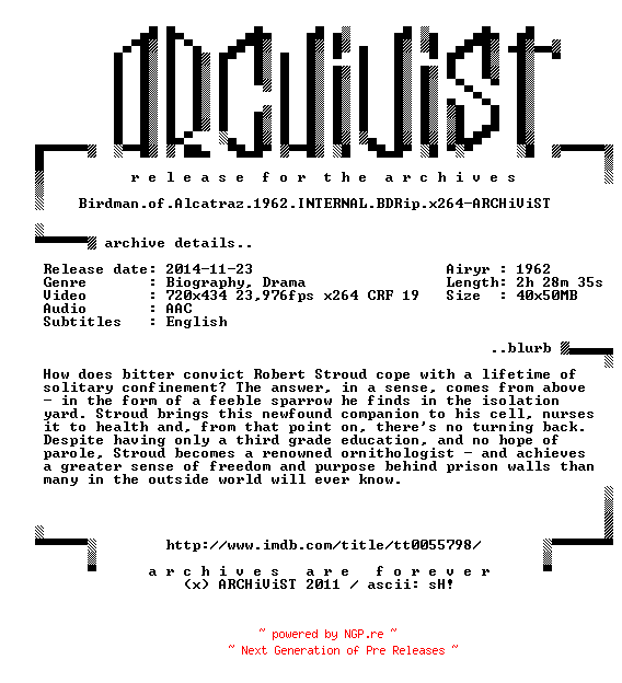 NFO for the release Birdman.of.Alcatraz.1962.INTERNAL.BDRip.x264-ARCHiViST by ARCHiViST