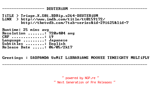 NFO for the release Triage.X.Recollection.XOXO.OVA.BDRip.x264-DEUTERiUM by DEUTERiUM