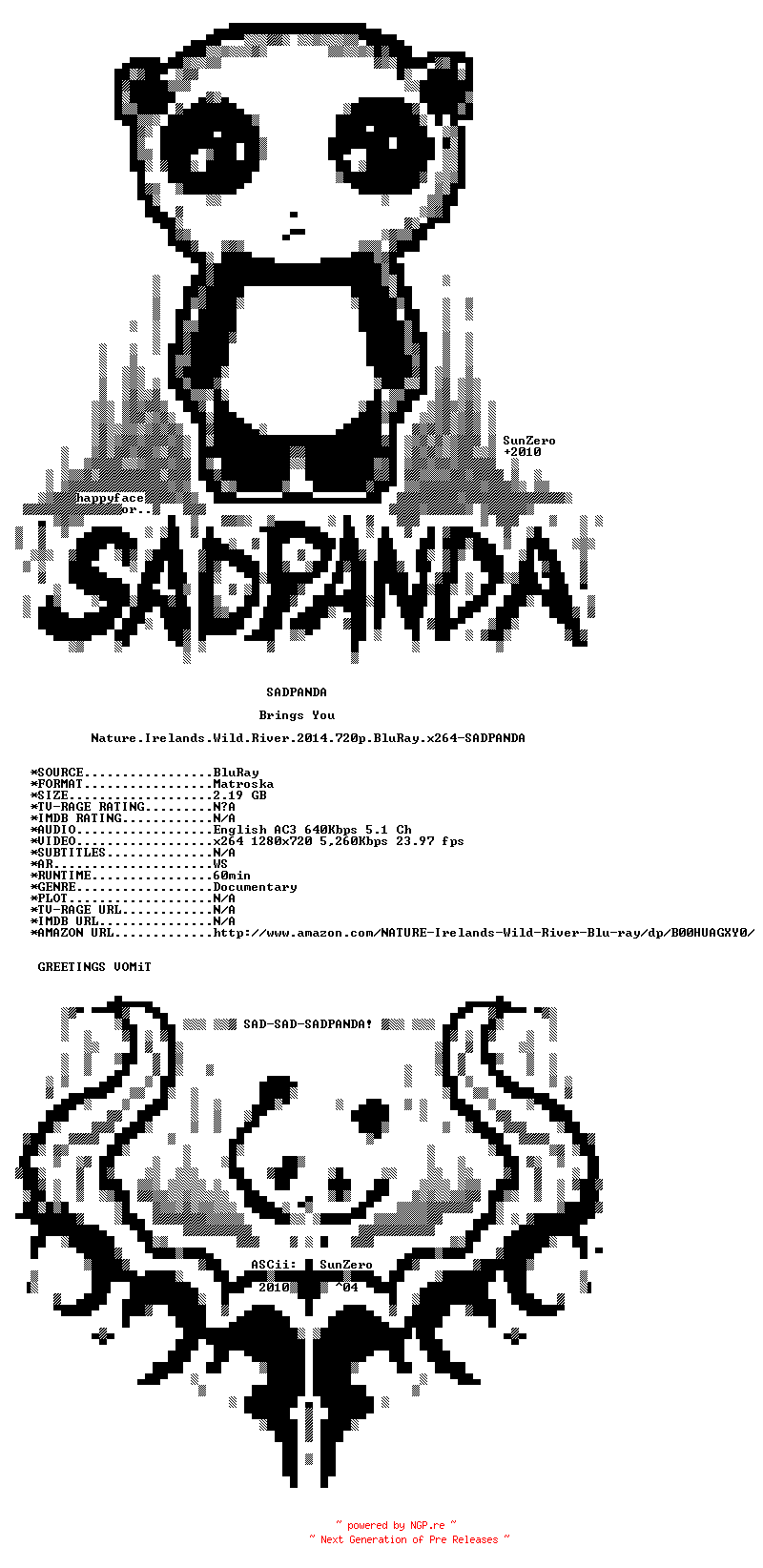 NFO for the release Nature.Irelands.Wild.River.2014.720p.BluRay.x264-SADPANDA by SADPANDA