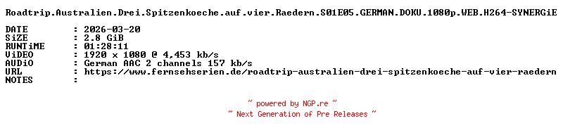 NFO for the release Roadtrip.Australien.Drei.Spitzenkoeche.auf.vier.Raedern.S01E05.GERMAN.DOKU.1080p.WEB.H264-SYNERGiE by SYNERGiE