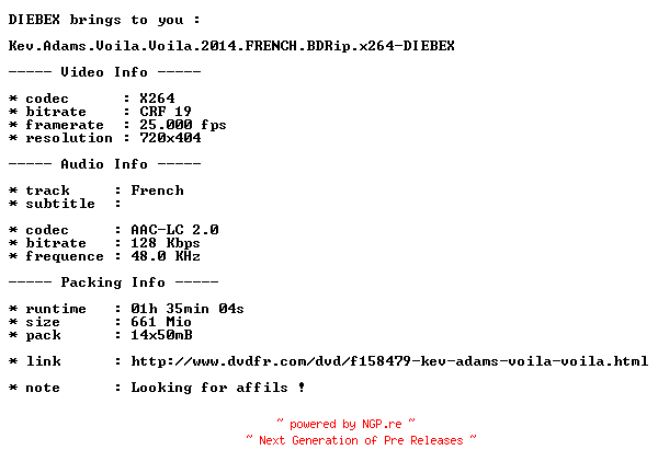 NFO for the release Kev.Adams.Voila.Voila.2014.FRENCH.BDRip.x264-DIEBEX by DIEBEX