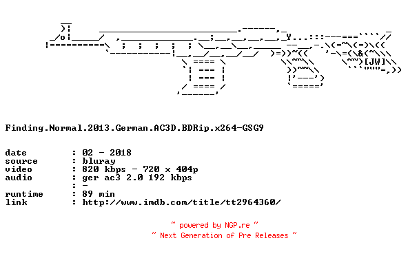 NFO for the release Finding.Normal.2013.German.AC3D.BDRip.x264-GSG9 by GSG9