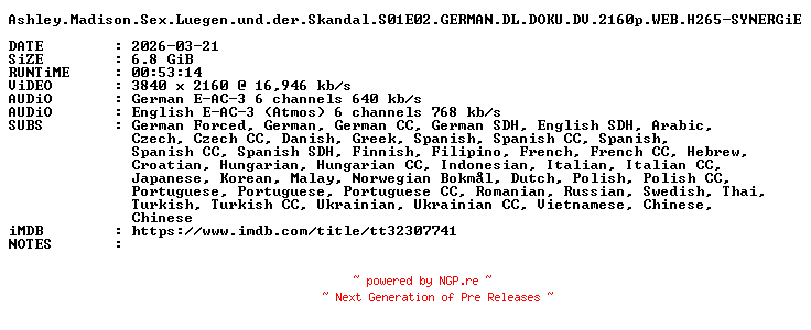 NFO for the release Ashley.Madison.Sex.Luegen.und.der.Skandal.S01E02.GERMAN.DL.DOKU.DV.2160p.WEB.H265-SYNERGiE by SYNERGiE