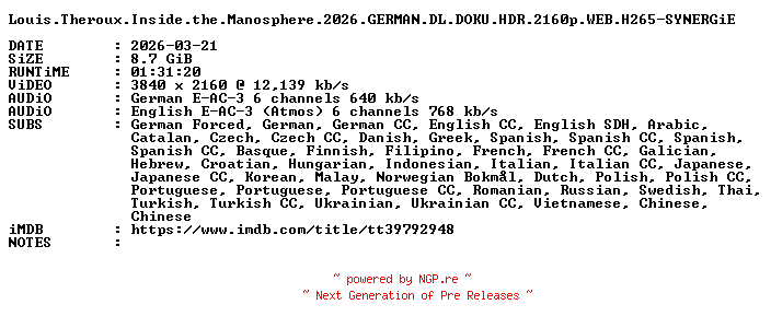 NFO for the release Louis.Theroux.Inside.the.Manosphere.2026.GERMAN.DL.DOKU.HDR.2160p.WEB.H265-SYNERGiE by SYNERGiE