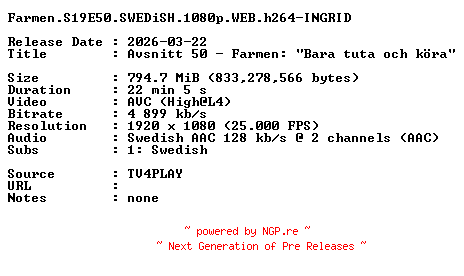 NFO for the release Farmen.S19E50.SWEDiSH.1080p.WEB.h264-INGRID by INGRID