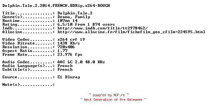 NFO for the release Dolphin.Tale.2.2014.FRENCH.BDRip.x264-ROUGH by ROUGH