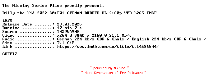 NFO for the release Billy.the.Kid.2022.S01E01.GERMAN.DUBBED.DL.2160p.WEB.h265-TMSF by TMSF