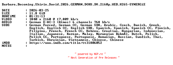 NFO for the release Barbara.Becoming.Shirin.David.2026.GERMAN.DOKU.DV.2160p.WEB.H265-SYNERGiE by SYNERGiE