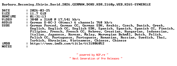 NFO for the release Barbara.Becoming.Shirin.David.2026.GERMAN.DOKU.HDR.2160p.WEB.H265-SYNERGiE by SYNERGiE