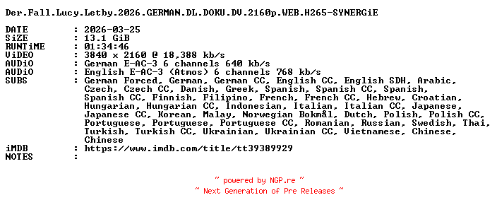 NFO for the release Der.Fall.Lucy.Letby.2026.GERMAN.DL.DOKU.DV.2160p.WEB.H265-SYNERGiE by SYNERGiE
