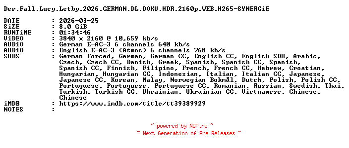 NFO for the release Der.Fall.Lucy.Letby.2026.GERMAN.DL.DOKU.HDR.2160p.WEB.H265-SYNERGiE by SYNERGiE