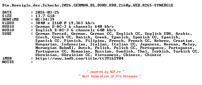 NFO for the release Die.Koenigin.des.Schachs.2026.GERMAN.DL.DOKU.HDR.2160p.WEB.H265-SYNERGiE by SYNERGiE