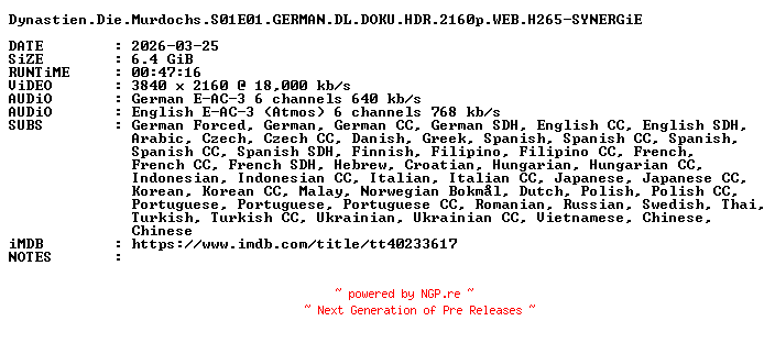NFO for the release Dynastien.Die.Murdochs.S01E01.GERMAN.DL.DOKU.HDR.2160p.WEB.H265-SYNERGiE by SYNERGiE