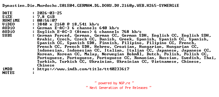 NFO for the release Dynastien.Die.Murdochs.S01E04.GERMAN.DL.DOKU.DV.2160p.WEB.H265-SYNERGiE by SYNERGiE