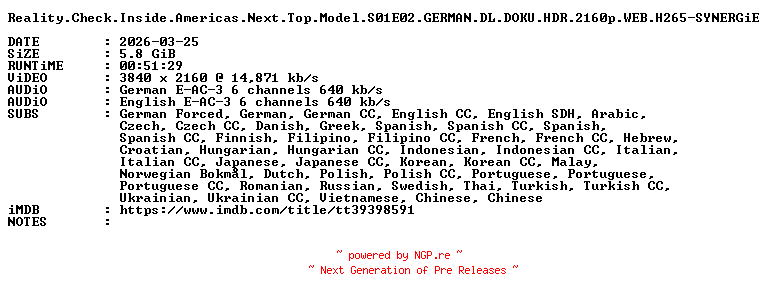 NFO for the release Reality.Check.Inside.Americas.Next.Top.Model.S01E02.GERMAN.DL.DOKU.HDR.2160p.WEB.H265-SYNERGiE by SYNERGiE