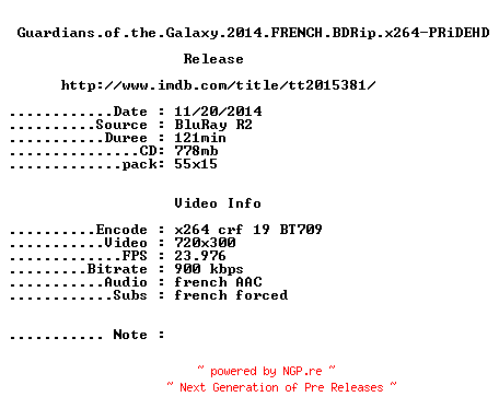 NFO for the release Guardians.of.the.Galaxy.2014.FRENCH.BDRip.x264-PRiDEHD by PRiDEHD