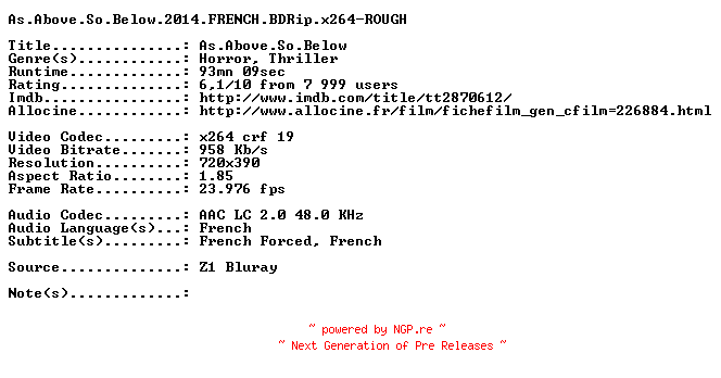 NFO for the release As.Above.So.Below.2014.FRENCH.BDRip.x264-ROUGH by ROUGH