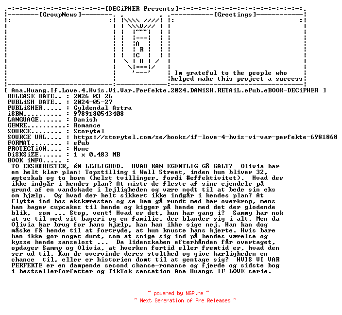 NFO for the release Ana.Huang.If.Love.4.Hvis.Vi.Var.Perfekte.2024.DANiSH.RETAiL.ePub.eBOOK-DECiPHER by DECiPHER
