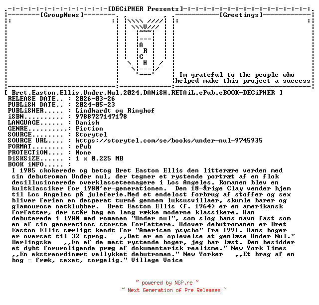 NFO for the release Bret.Easton.Ellis.Under.Nul.2024.DANiSH.RETAiL.ePub.eBOOK-DECiPHER by DECiPHER