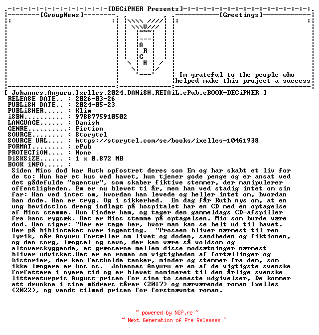 NFO for the release Johannes.Anyuru.Ixelles.2024.DANiSH.RETAiL.ePub.eBOOK-DECiPHER by DECiPHER