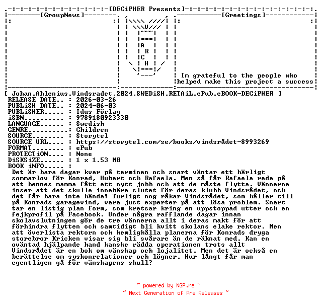 NFO for the release Johan.Ahlenius.Vindsradet.2024.SWEDiSH.RETAiL.ePub.eBOOK-DECiPHER by DECiPHER