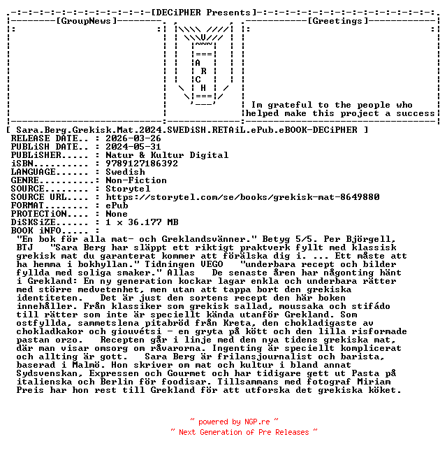 NFO for the release Sara.Berg.Grekisk.Mat.2024.SWEDiSH.RETAiL.ePub.eBOOK-DECiPHER by DECiPHER