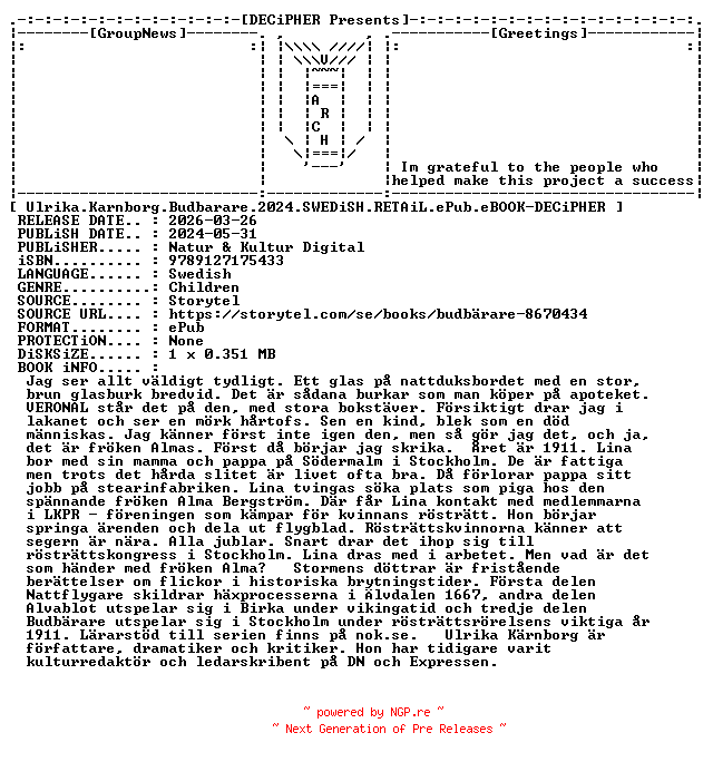 NFO for the release Ulrika.Karnborg.Budbarare.2024.SWEDiSH.RETAiL.ePub.eBOOK-DECiPHER by DECiPHER