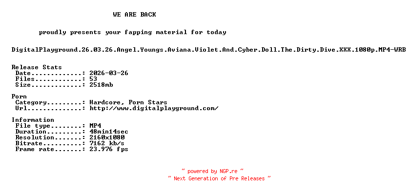 NFO for the release DigitalPlayground.26.03.26.Angel.Youngs.Aviana.Violet.And.Cyber.Doll.The.Dirty.Dive.XXX.1080p.MP4-WRB by WRB